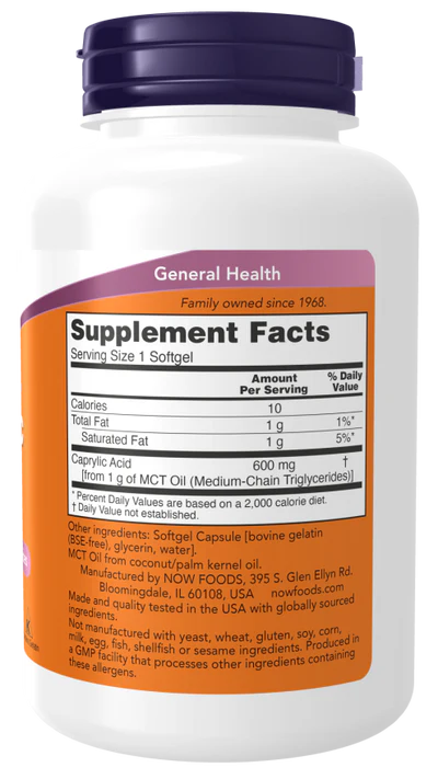 Now Caprylic Acid 600 mg Softgels 100