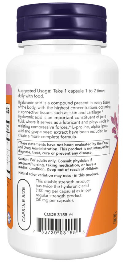 Now Hyaluronic Acid Double Strength 100 mg Veg Capsules 60
