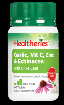 Healtheries Garlic, Vit C, Zinc & Echinacea with Olive Leaf tablets, 60 tabs